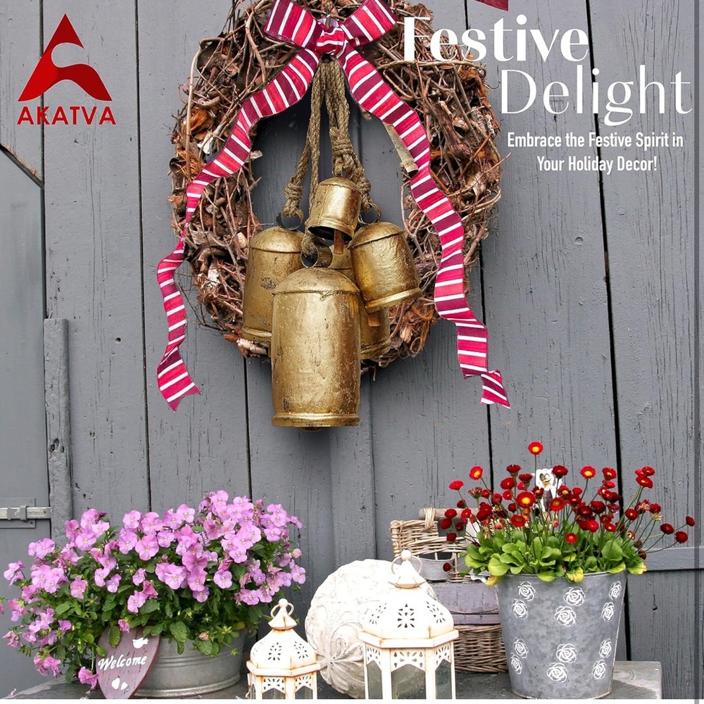 Akatva Large Brass Cow Bells 
Rustic Christmas Decor 5 pc Set
Vintage Gold Bells - Picture 8 of 12
